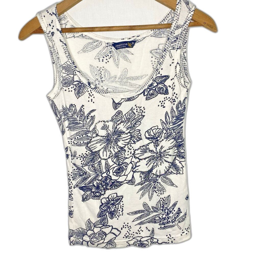 JASMINE KC Tank Top Floral Beaded Sequin Ribbed Stretchy Womens S White Black